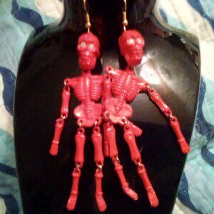 Vintage Pair of Red Skeleton Long Dangle ierced Earrings Movable Limbs Halloween